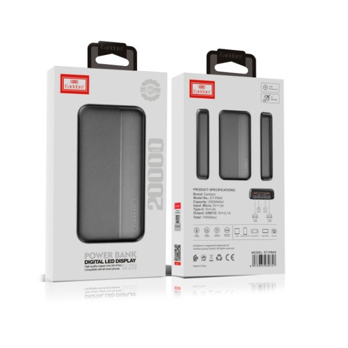 Аккумулятор внешний Earldom ET-PB45, 20000mAh, пластик, дисплей, 1 USB выход, 1 Type-C, 2.0A, цвет: чёрный