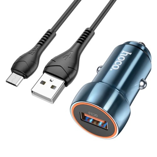 Блок питания автомобильный USB HOCO Z46, Blue shield, 18Вт, QC, AFC, FCP, кабель USB - микро USB, 1.0м, цвет: синий