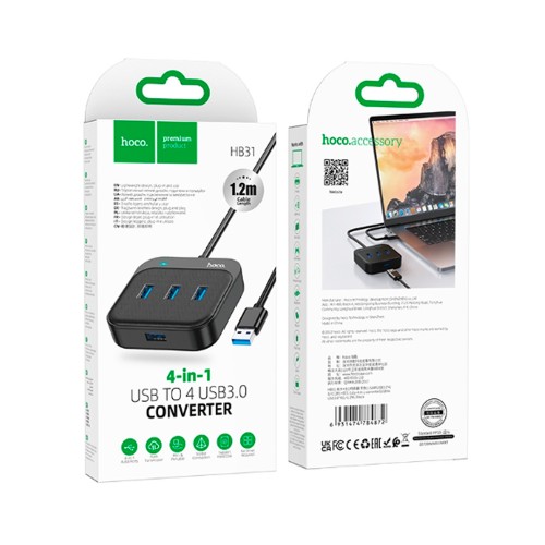 USB-концентратор HOCO HB31, Easy, 4 гнезда, кабель 1.2м, USB 3.0, цвет: чёрный