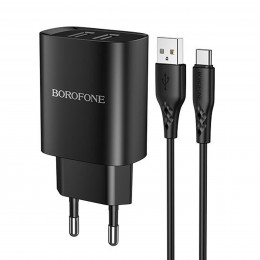 Блок питания сетевой 2 USB Borofone BN2, 2100mA, кабель Type-C, цвет: чёрный