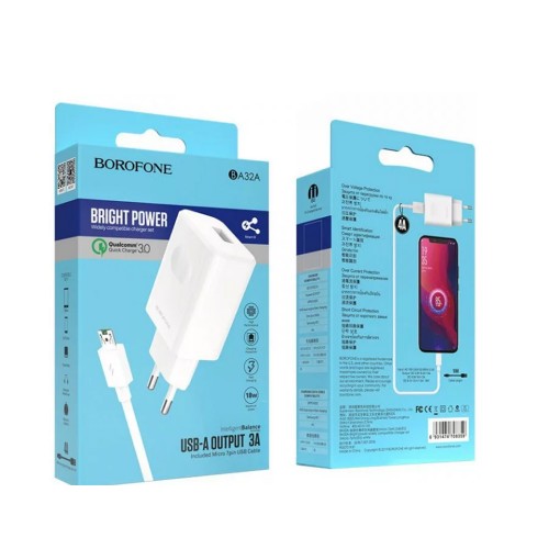 Блок питания Borofone BA32A 1 USB, 3000mA, QC3.0, белый
