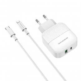 Блок питания сетевой 1 USB, Type-C Borofone BA46A, Premium, 3000mA, QC3.0, QC2.0, FCP, SCP, AFC, PD3.0, кабель 8 pin - Type-C, цвет: белый
