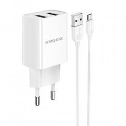 Блок питания сетевой 2 USB Borofone BA53A, Powerway, 2100mA, кабель микро USB, цвет: белый
