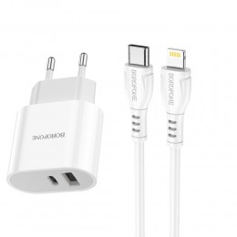 Блок питания сетевой 1 USB, Type-C Borofone BA62A, Wiseacre, 2400mA, кабель 8 pin - Type-C, цвет: белый

