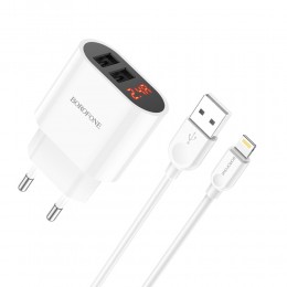 Блок питания сетевой 2 USB Borofone BA63A, Richy, 2400mA, кабель 8 pin, цвет: белый
