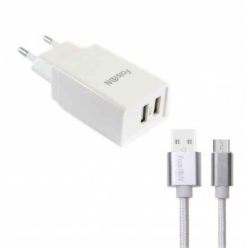 Блок питания сетевой 2 USB FaisON C-17, Square, 2400mA, кабель микро USB 1.0м, цвет: белый