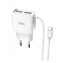 Устройство зарядное сетевое микро USB, 2 USB HOCO, C59A, Mega joy, 2100mAh, цвет: белый