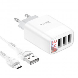 Блок питания сетевой 3 USB HOCO, C93A, Easy, 3400mA, пластик, кабель микро USB, цвет: белый