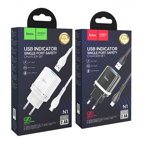 Блок питания сетевой 1 USB HOCO N1, Ardent, 2400mA, QC3.0, кабель микро USB, цвет: белый