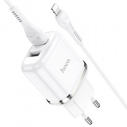 Блок питания сетевой 2 USB HOCO N4, Aspiring, 2400mA, кабель 8 pin, цвет: белый