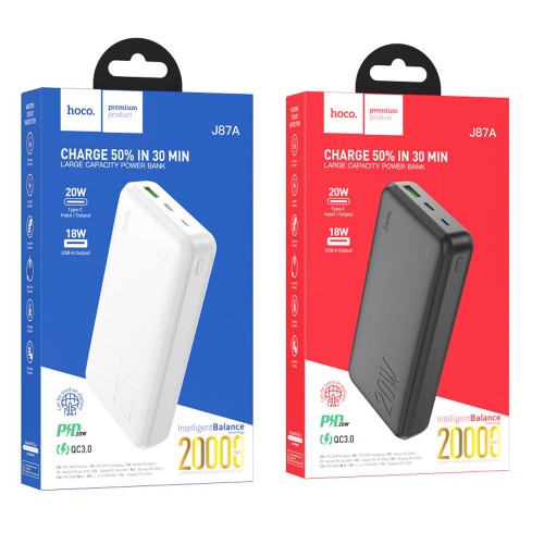 Аккумулятор внешний HOCO J87A, Tacker, 20000mAh, PD3.0, QC3.0, цвет: белый