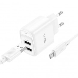 Блок питания сетевой 2 USB HOCO C141A, кабель USB - микро USB, 1.0м, цвет: белый, (арт.6942007627894)