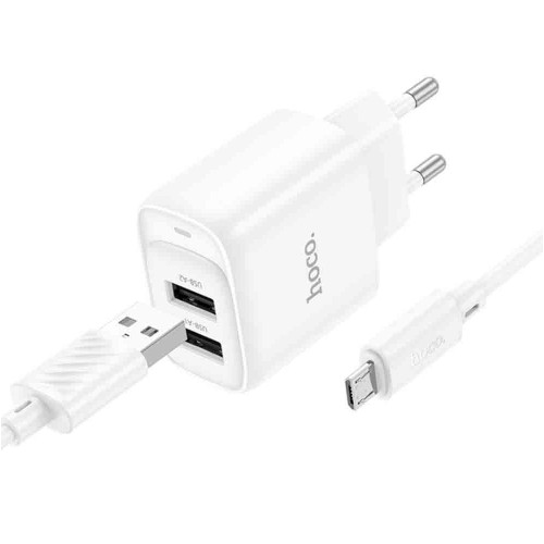 Блок питания сетевой 2 USB HOCO C141A, кабель USB - микро USB, 1.0м, цвет: белый, (арт.6942007627894)