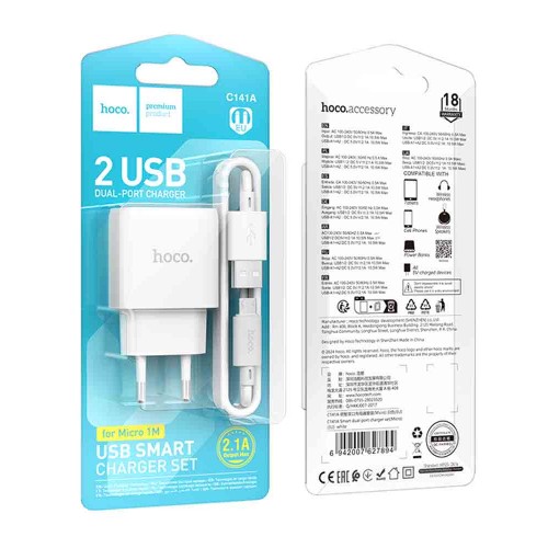 Блок питания сетевой 2 USB HOCO C141A, кабель USB - микро USB, 1.0м, цвет: белый, (арт.6942007627894)