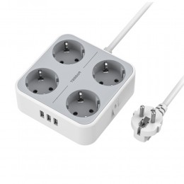 Сетевой фильтр TESSAN TS-302, 1.5м, 2.4A, 4 розетки, с заземлением, кнопка питания, 3 USB выхода, цвет: серый
