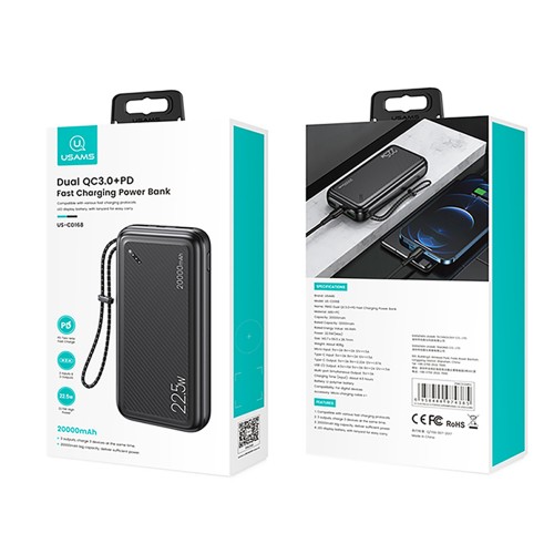 Аккумулятор внешний Usams US-CD168, PB60, 20000mAh, пластик, QC3.0, LED, PD22,5W, 2 USB выхода, Type-C, 3,0А, цвет: чёрный