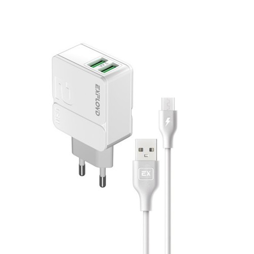 Блок питания сетевой 2 USB Exployd EX-Z-1441, EASY, 2.4A, кабель микро USB, цвет: белый