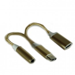 Переходник Type-C(m) - Jack 3,5mm(f), Type C(f) без бренда GL067, круглый, плетёный , цвет: золотой
