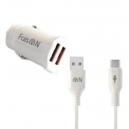Блок питания автомобильный 2 USB FaisON A-20, EDGE, 2400mA, кабель Type-C, 1.0 м, цвет: белый
