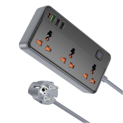 Сетевой фильтр Borofone BAC3A, 1.5 м, 5V, 3,0A, 3 розетки, 3хUSB, Type-C, с выключателем, PD20W, цвет: чёрный