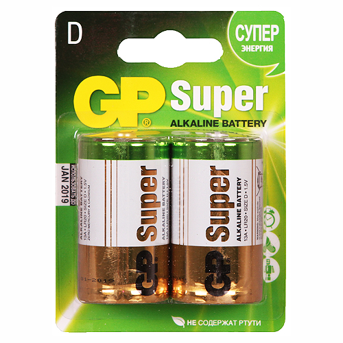 Батарейка D GP LR20-2BL Super Alkaline, 1.5В, (2/20/160)