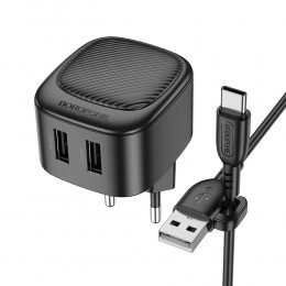 Блок питания сетевой 2 USB Borofone BAS21A, 5V, 2.1A, кабель USB - Type-C, 1.0м, цвет: чёрный