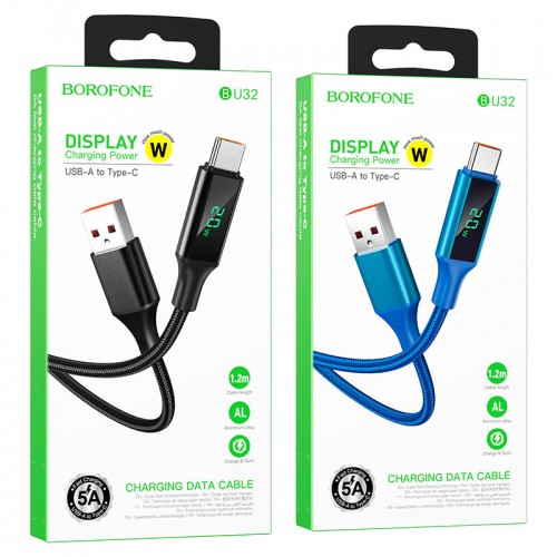 Кабель USB - Type-C Borofone BU32 Exclusive, 1.2м, круглый, 5.0A, ткань, дисплей, цвет: синий