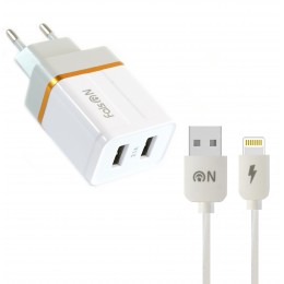 Блок питания сетевой 2 USB FaisON C-30, Shine, 2100mA, кабель 8 pin, цвет: белый