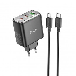 Блок питания сетевой 1 USB, 2 Type-C HOCO CS44A, Smart, 5V, 3.0A, PD 65Вт, кабель Type-C, Type-C, 1.0м, цвет: чёрный