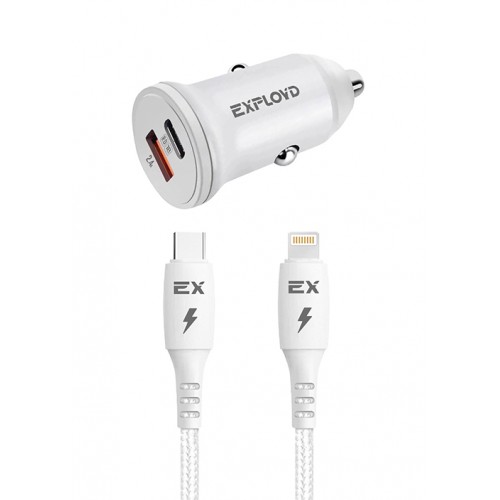 Блок питания автомобильный 1 USB, Type-C Exployd EX-Z-1134, RASH, 3.0A, PD 18Вт, кабель Type-C, 8-pin, цвет: белый