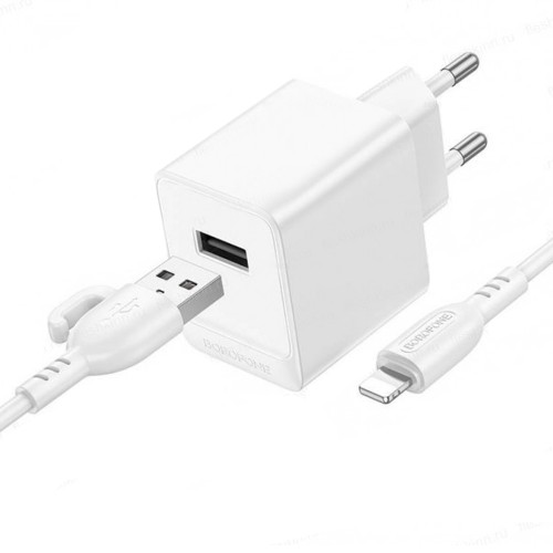 Блок питания сетевой 1 USB Borofone BAS11A, Erudite, 5V/2.1A, кабель USB - 8-pin, 1.0м, цвет: белый