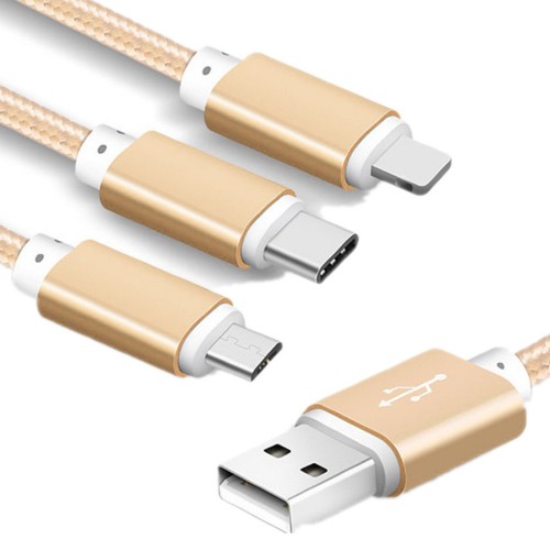 Кабель USB - 8 pin, Type-C, микро USB Celebrat CB-04, 1.2м, плоский, 2.4A, силикон, цвет: золотой