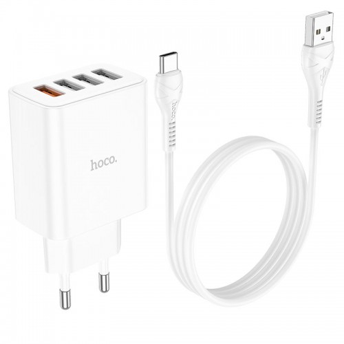 Блок питания сетевой 4 USB HOCO C102A, Fuerza, 2100mA, 28.5Вт, QC3.0, FCP, AFC, кабель Type-C 1.0м, цвет: белый