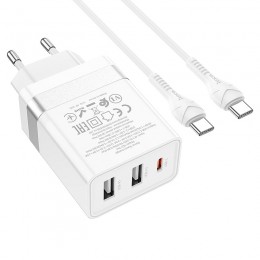 Блок питания сетевой 2 USB, Type-C HOCO N21 Pro, Tourer, 3000mA, 30Вт, QC3.0, PD3.0, кабель Type-C, цвет: белый