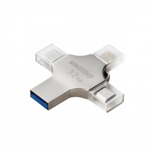 Флеш-накопитель 32Gb SmartBuy Quad, USB 3.0, 8pin, Type-C, микро USB, пластик, 4 в 1, серый